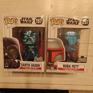 Star Wars Darth Vader and Boba Fett Funko Pop Figures 2019 Celebration Chrome